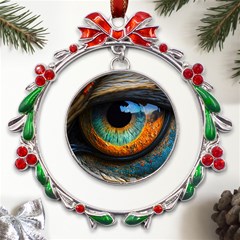 Eye Bird Feathers Vibrant Metal X mas Wreath Ribbon Ornament