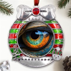 Eye Bird Feathers Vibrant Metal X mas Ribbon With Red Crystal Round Ornament by Hannah976