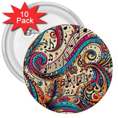 Paisley Print Musical Notes 3  Buttons (10 Pack)  by RiverRootz