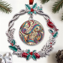 Paisley Print Musical Notes Metal X mas Wreath Holly Leaf Ornament