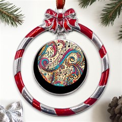 Paisley Print Musical Notes Metal Red Ribbon Round Ornament by RiverRootz