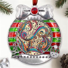 Paisley Print Musical Notes Metal X mas Ribbon With Red Crystal Round Ornament by RiverRootz