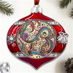 Paisley Print Musical Notes Metal Snowflake And Bell Red Ornament Front