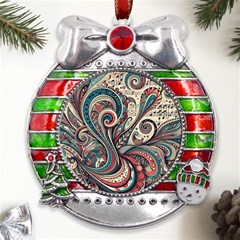 Paisley Print Musical Notes6 Metal X mas Ribbon With Red Crystal Round Ornament by RiverRootz