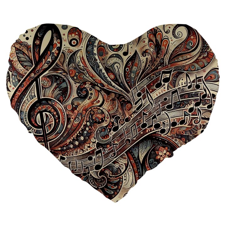 Paisley Print Musical Notes5 Large 19  Premium Heart Shape Cushions