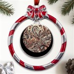 Paisley Print Musical Notes5 Metal Red Ribbon Round Ornament Front