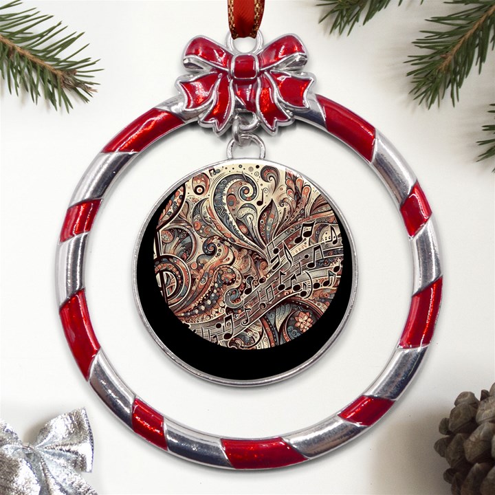 Paisley Print Musical Notes5 Metal Red Ribbon Round Ornament