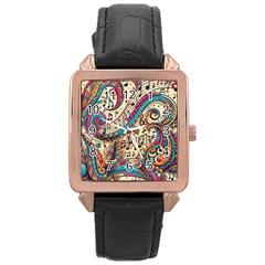 Paisley Print Musical Notes Rose Gold Leather Watch 