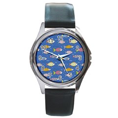 Sea Fish Blue Submarine Animals Patteen Round Metal Watch by Maspions