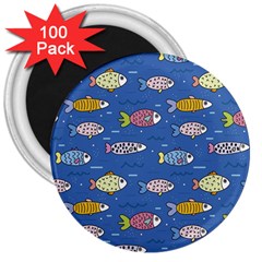 Sea Fish Blue Submarine Animals Patteen 3  Magnets (100 Pack) by Maspions