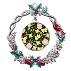 Flowers Rose Blossom Pattern Metal X mas Wreath Holly Leaf Ornament by Ndabl3x