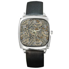 Brown Vintage Background Vintage Floral Pattern Square Metal Watch by Ndabl3x