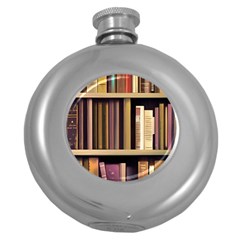 Books Bookshelves Office Fantasy Background Artwork Book Cover Apothecary Book Nook Literature Libra Round Hip Flask (5 Oz) by Posterlux