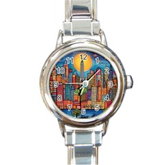 City New York Nyc Skyscraper Skyline Downtown Night Business Urban Travel Landmark Building Architec Round Italian Charm Watch by Posterlux