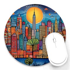 City New York Nyc Skyscraper Skyline Downtown Night Business Urban Travel Landmark Building Architec Round Mousepad