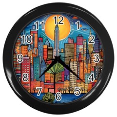 City New York Nyc Skyscraper Skyline Downtown Night Business Urban Travel Landmark Building Architec Wall Clock (black) by Posterlux