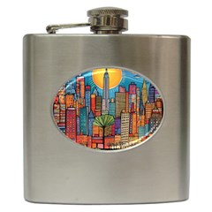 City New York Nyc Skyscraper Skyline Downtown Night Business Urban Travel Landmark Building Architec Hip Flask (6 Oz) by Posterlux