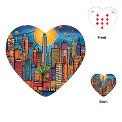 City New York Nyc Skyscraper Skyline Downtown Night Business Urban Travel Landmark Building Architec Playing Cards Single Design (heart) by Posterlux