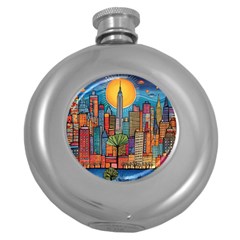 City New York Nyc Skyscraper Skyline Downtown Night Business Urban Travel Landmark Building Architec Round Hip Flask (5 Oz) by Posterlux