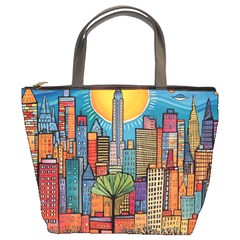 City New York Nyc Skyscraper Skyline Downtown Night Business Urban Travel Landmark Building Architec Bucket Bag by Posterlux