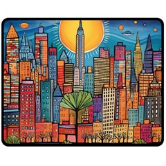 City New York Nyc Skyscraper Skyline Downtown Night Business Urban Travel Landmark Building Architec Fleece Blanket (medium) by Posterlux