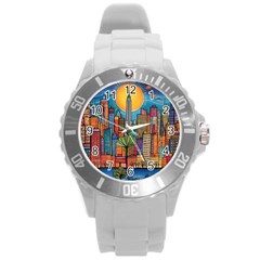 City New York Nyc Skyscraper Skyline Downtown Night Business Urban Travel Landmark Building Architec Round Plastic Sport Watch (l) by Posterlux