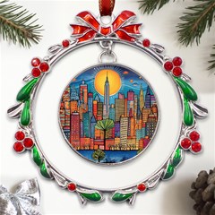 City New York Nyc Skyscraper Skyline Downtown Night Business Urban Travel Landmark Building Architec Metal X mas Wreath Ribbon Ornament by Posterlux