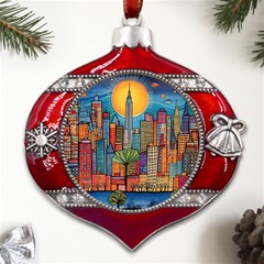 City New York Nyc Skyscraper Skyline Downtown Night Business Urban Travel Landmark Building Architec Metal Snowflake And Bell Red Ornament by Posterlux