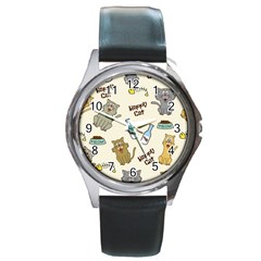 Happy Cats Pattern Background Round Metal Watch by Grandong