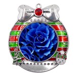 Blue Roses Flowers Plant Romance Blossom Bloom Nature Flora Petals Metal X Mas Ribbon With Red Crystal Round Ornament Front