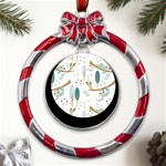 Pattern Sloth Woodland Metal Red Ribbon Round Ornament Front