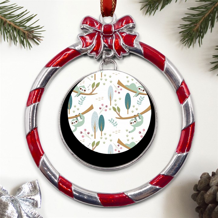 Pattern Sloth Woodland Metal Red Ribbon Round Ornament