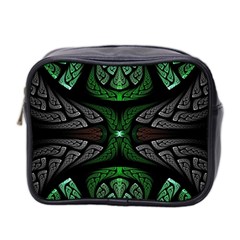 Fractal Green Black 3d Art Floral Pattern Mini Toiletries Bag (two Sides) by Cemarart