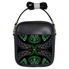 Fractal Green Black 3d Art Floral Pattern Girls Sling Bag by Cemarart