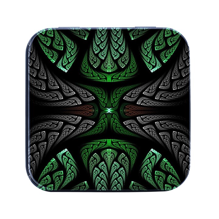 Fractal Green Black 3d Art Floral Pattern Square Metal Box (Black)