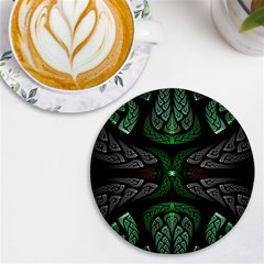 Fractal Green Black 3d Art Floral Pattern Uv Print Round Tile Coaster by Cemarart