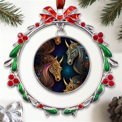 Pattern With Horses Metal X mas Wreath Ribbon Ornament