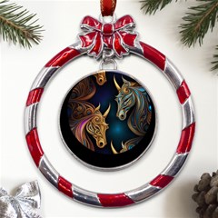 Pattern With Horses Metal Red Ribbon Round Ornament