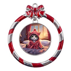 Cat 2 Metal Red Ribbon Round Ornament by 2607694a