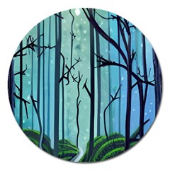 Nature Outdoors Night Trees Scene Forest Woods Light Moonlight Wilderness Stars Magnet 5  (round) by Grandong