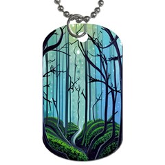 Nature Outdoors Night Trees Scene Forest Woods Light Moonlight Wilderness Stars Dog Tag (one Side) by Grandong