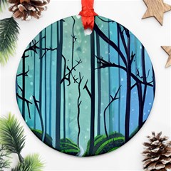 Nature Outdoors Night Trees Scene Forest Woods Light Moonlight Wilderness Stars Round Ornament (two Sides) by Grandong