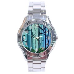 Nature Outdoors Night Trees Scene Forest Woods Light Moonlight Wilderness Stars Stainless Steel Analogue Watch