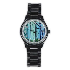 Nature Outdoors Night Trees Scene Forest Woods Light Moonlight Wilderness Stars Stainless Steel Round Watch by Grandong