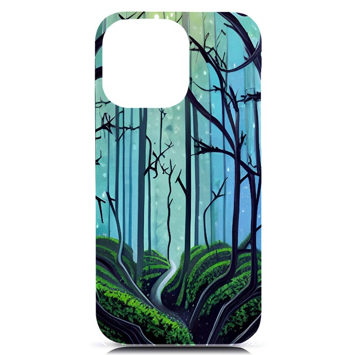 Nature Outdoors Night Trees Scene Forest Woods Light Moonlight Wilderness Stars iPhone 14 Pro Max Black UV Print Case