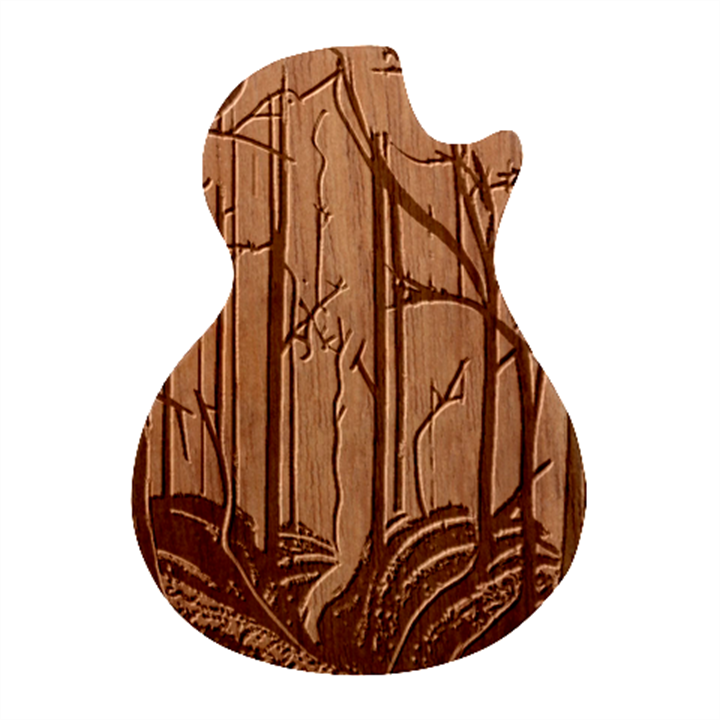 Nature Outdoors Night Trees Scene Forest Woods Light Moonlight Wilderness Stars Guitar Shape Wood Guitar Pick Holder Case And Picks Set