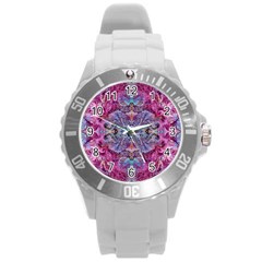 Fuchsia Blend June Round Plastic Sport Watch (l) by kaleidomarblingart