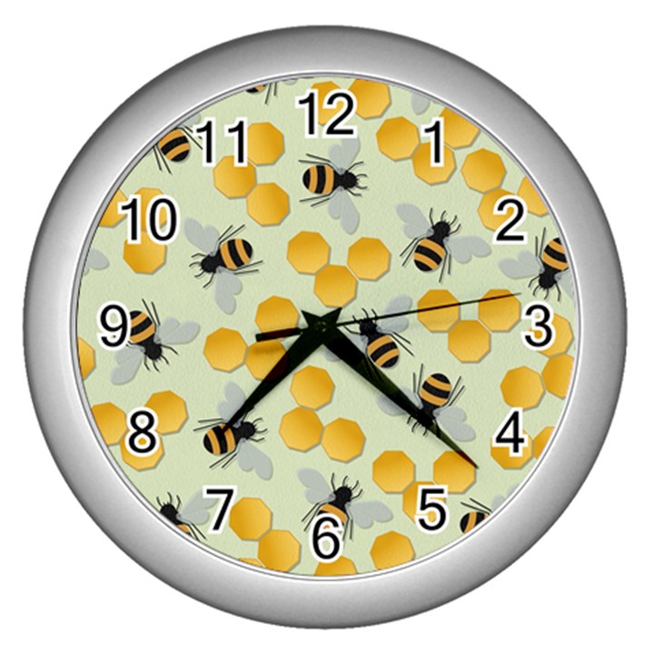 Bees Pattern Honey Bee Bug Honeycomb Honey Beehive Wall Clock (Silver)