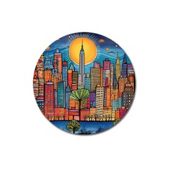 City New York Nyc Skyscraper Skyline Downtown Night Business Urban Travel Landmark Building Architec Magnet 3  (round) by Posterlux