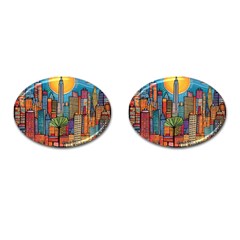 City New York Nyc Skyscraper Skyline Downtown Night Business Urban Travel Landmark Building Architec Cufflinks (oval) by Posterlux